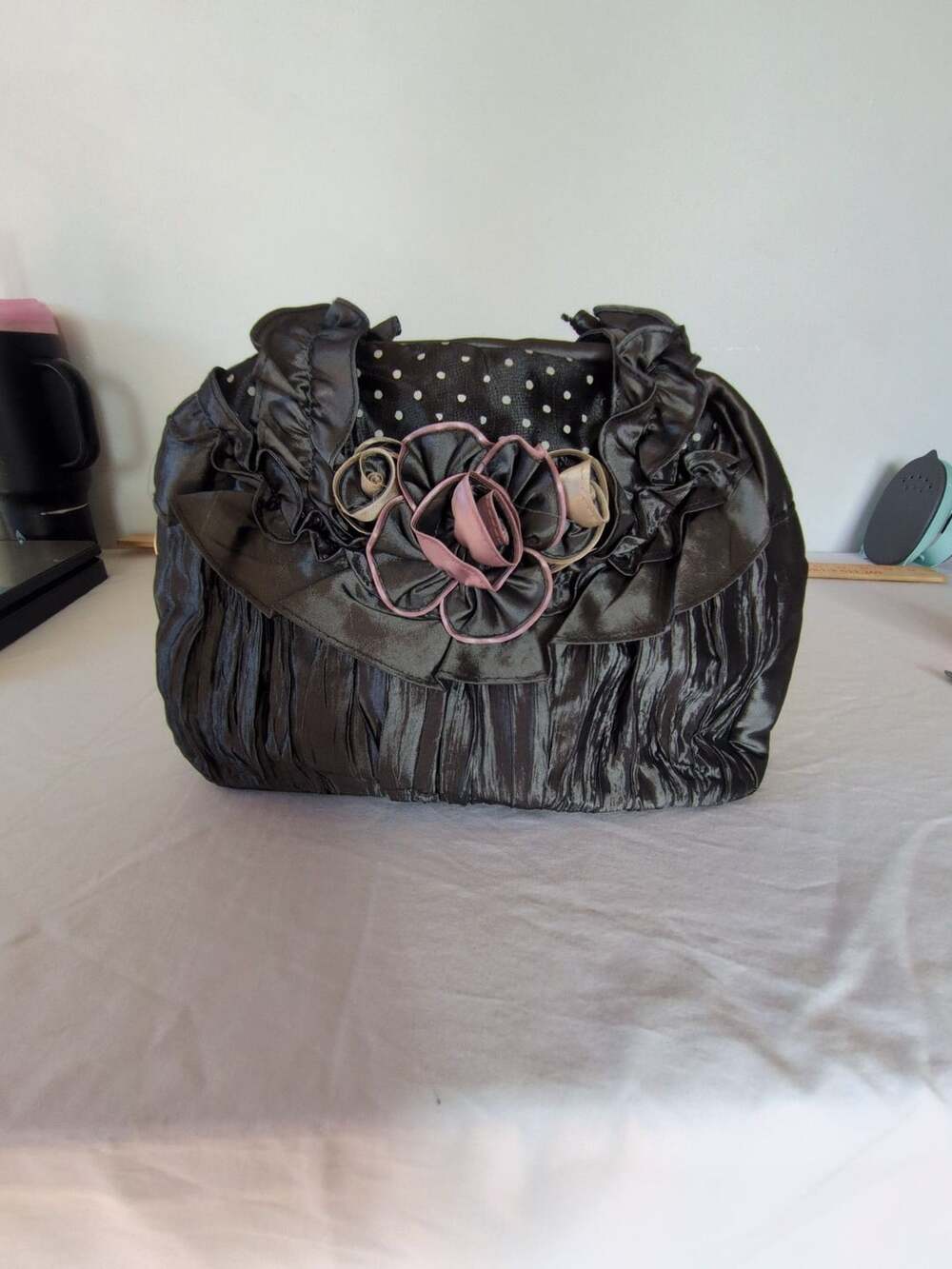 Vintage Handbag Ruffle Purse Grey Polka Dot Silk Floral Flower Accent